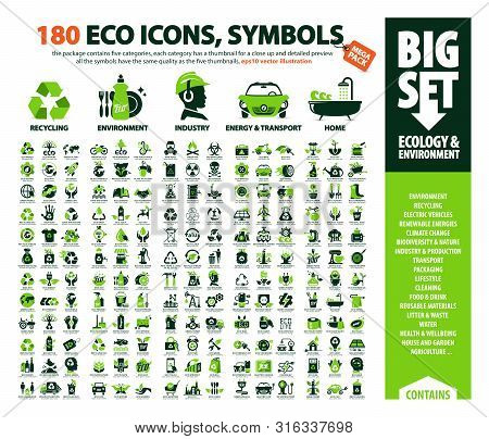 Big Vector Set Of Eco Icons, Huge Pack Of Ecology & Environment Themes: Alternative Renewable Energy