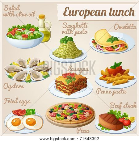 Set of food icons. European lunch