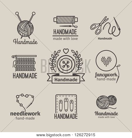 Handmade line vintage logo set. Handmade retro badges or handmade outline labels. Knitwear and sewing symbols. Vector illustration