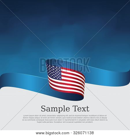 Usa Flag Background. Wavy Ribbon Color Flag Of Usa On A Blue White Background. National American Pos