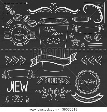 Set of vintage labels, ribbons, frames, banners, logo and advertisements for coffee menu board for restaurant and coffee shop. Hand drawn in chalk on a blackboard vector sketch illustration.