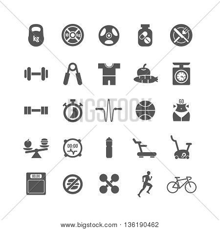 Fitness, sports, gym vector black icons set. Sport gym icon, fitness sport icon, dumbbell and sport diet, health activity icon illustration