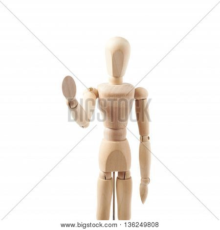 Made of wood human doll puppet statuette show a stop sign gesture, composition isolated over the white background