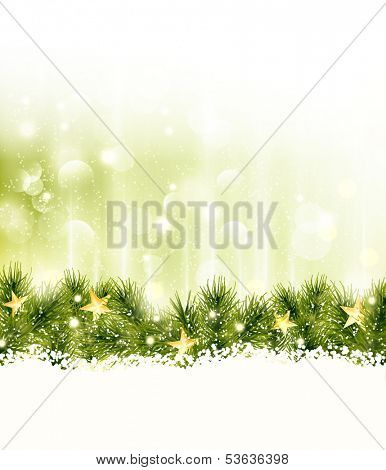 Golden stars in a border of fir twigs on a soft golden green background with blurry lights, light effects and snow. Festive and wintry, great background for any Christmas or winter theme.