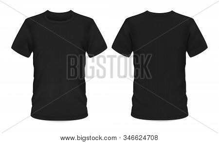 Men T-shirt, Vector Black Mockup Template With Short Sleeve And Round Neck. T-shirt Mockup, Menswear