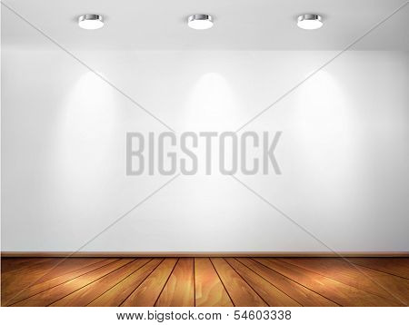 Wall with spotlights and wooden floor. Showroom concept. Vector illustration. 