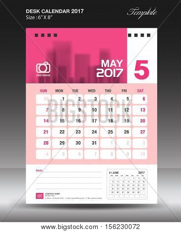 May Desk calendar 2017, Pink Calendar 2017, vertical calendar 2017 size 6 x 8 inch vector template