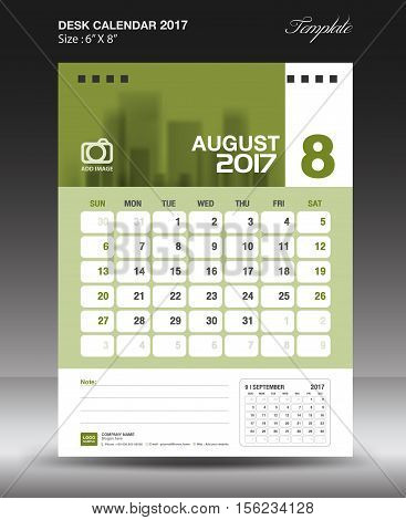 August Desk calendar 2017 G,reen Calendar 2017 vertical ,calendar 2017 size 6 x 8 inch vector template