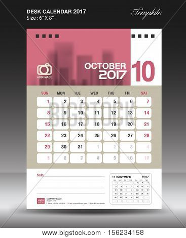 October Desk calendar 2017, Pink Calendar 2017, vertical calendar 2017 size 6 x 8 inch vector template