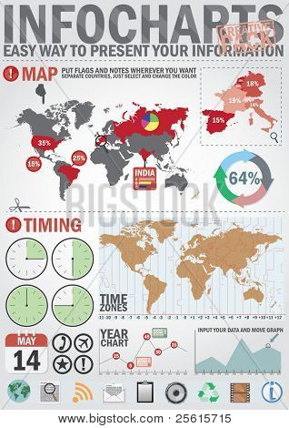 Infochart creative pack. Facile montaggio degli elementi di presentazione e grafico. Compresa la mappa del mondo, t