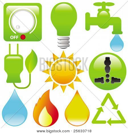 Vector Icons : Energy Saving (light, water, electricity, fire, solar power) isolated on white