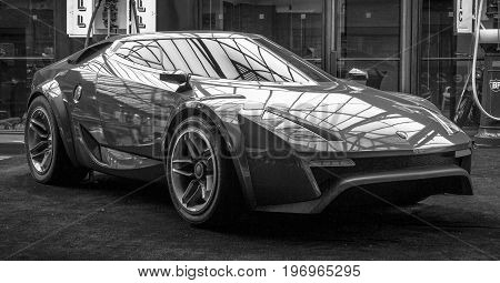 BERLIN - MAY 10 2015: Concept car Lancia New Stratos by Fenomenon designed by Christian Hrabalec 2005. Black and white. The 28th Berlin-Brandenburg Oldtimer Day