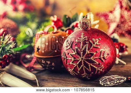 Christmas Time.Christmas candle and decoration. Christmas border design on the wooden background. Ch