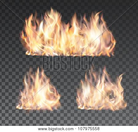 Set of realistic fire flames on transparent background