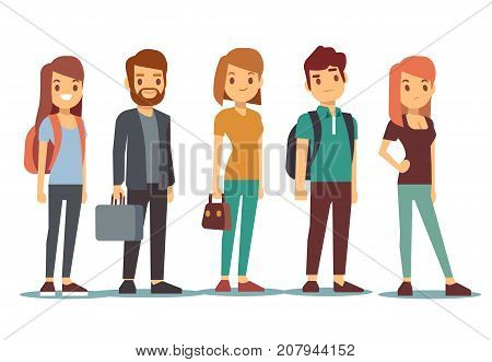 Queue of young people. Waiting women and men standing in line. Queue wait woman and man. Vector illustration