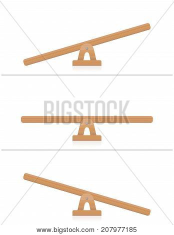 Seesaw or wooden balance scale - balanced and unbalanced, equal and unequal weightiness - isolated vector illustration on white background.