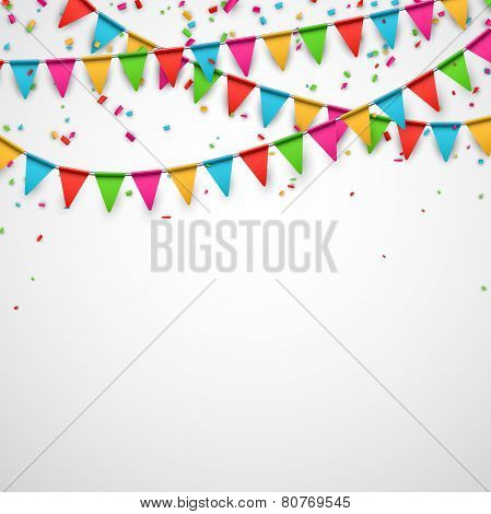 Celebrate background. Party flags with confetti. Vector illustration. 