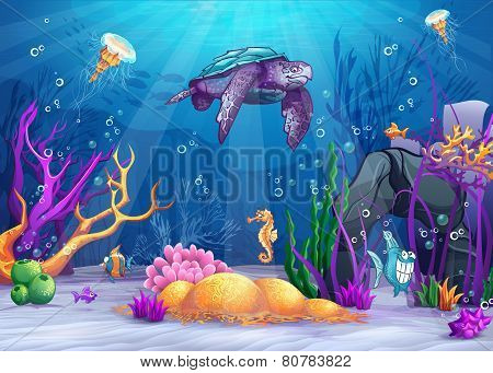 Illustration of the underwater world with a funny fish and turtle.