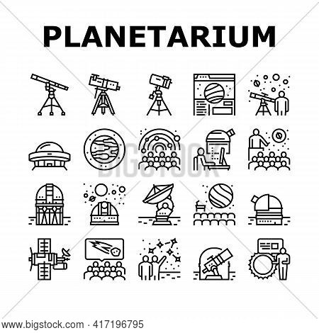 Planetarium Equipment Collection Icons Set Vector. Planetarium Speaker About Stars And Planets, Obse