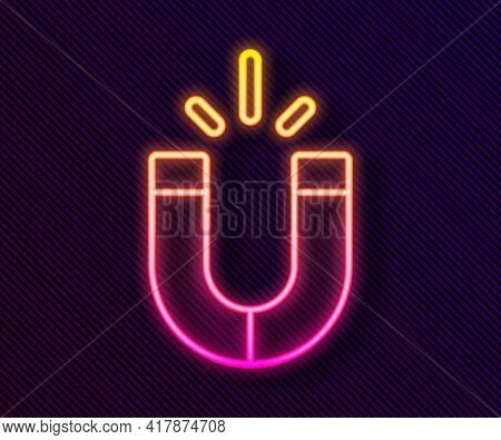 Glowing Neon Line Magnet Icon Isolated On Black Background. Horseshoe Magnet, Magnetism, Magnetize, 