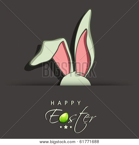 Happy Easter celebrations greeting card design with bunny ears on grey background and stylish text. 