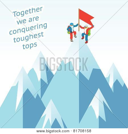 Synergy concept. Business mountain climbing in partnership