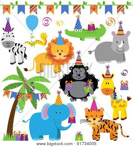 Vector Collection of Birthday Party Themed Jungle, Zoo or Safari Animals