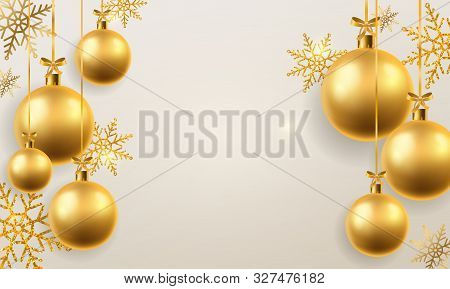 Christmas Ball Background. Golden Xmas Tree Toys Spheres Hanging, Decoration. Winter Holidays And Ne