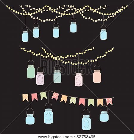 Vector Set of Hanging Glass Jar Lights and Bunting