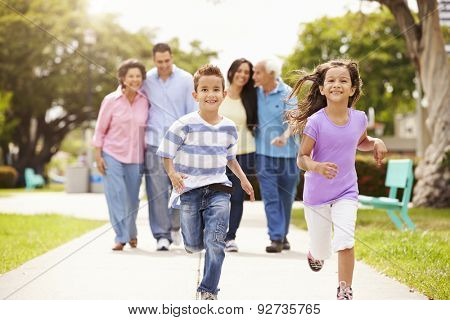 Multi Generation Family Walking In Park Together