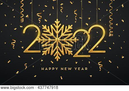 Happy New 2022 Year. Hanging Golden Metallic Numbers 2022 With Shining Snowflake And Confetti On Bla