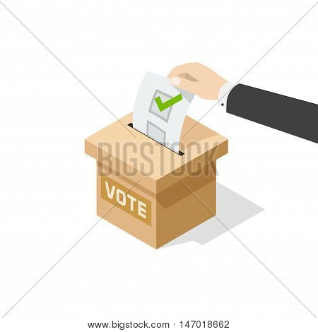 Voting vector illustration isolated on white background, man hand holding political ballot putting in vote box, concept of election choice or vote, poll