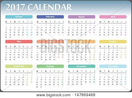 calendar for 2017 starts on monday, calendar 2017, organizer 2017, vector calendar, pocket calendar design, horizontal calendar, colored calendar