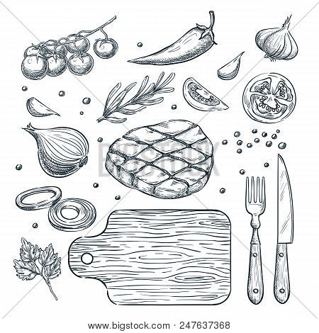 Cooking meat steak, vector sketch illustration. Set of isolated hand drawn food ingredient, vegetables, spices. Restaurant, steak house menu design elements