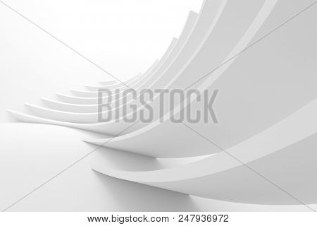 White Architecture Circular Background. Abstract Building Design. 3d Modern Architecture Render. Futuristic Building Construction