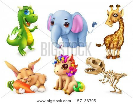 Funny animal set. Happy bunny, rabbit, cute unicorn, small dragon, baby elephant, giraffe, dinosaur. 3d vector icon