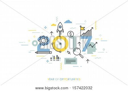 Infographic concept 2017 year of opportunities. New trends and prospects in startups, business development, profit growth strategies. Plans and expectations. Vector illustration in thin line style.