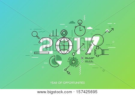 Infographic concept 2017 year of opportunities. New global trends and perspectives in online search, internet tools for business and project management. Vector illustration in thin line style.