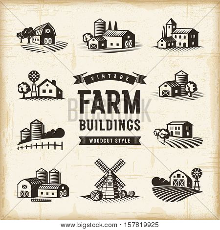 Vintage Farm Buildings Set. Editable EPS10 vector illustration in retro woodcut style with clipping mask and transparency.