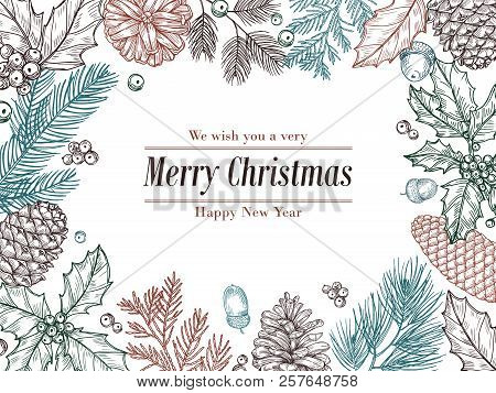 Christmas Vintage Invitation. Winter Fir Pine Branches, Pinecones Floral Border. Christmas, Xmas Bot