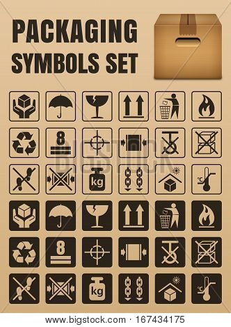 Packaging symbols set including Fragile Handle with care Keep dry This side up Flammable Recycled Package weight Do not litter Max stack Clamp and Sling here Protect from heat and others