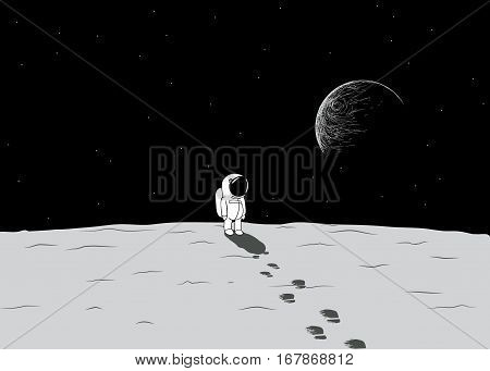 Cartoon spaceman explore a moon.Childish hand drawn vector illustration.