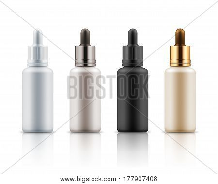 Set of realistic glass bottles with dropper. Cosmetic flask or vials for organic aroma oil, anti-aging essential, collagen serum for beauty. Mock up vector flacons illustration isolated on white