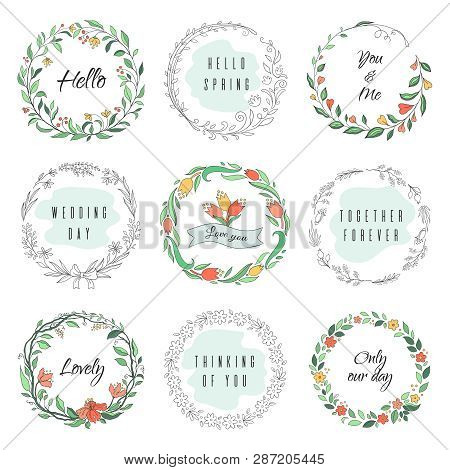 Floral Circle Doodle Frames. Circular Laurel Wreath, Flourish Monogram Borders, Hand Drawn Botanical