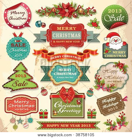 Collection of christmas ornaments and decorative elements, vintage frames, labels, stickers and ribbons