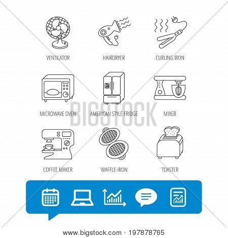 Microwave oven, hair dryer and blender icons. Refrigerator fridge, coffee maker and toaster linear signs. Ventilator, curling iron and waffle-iron icons. Vector