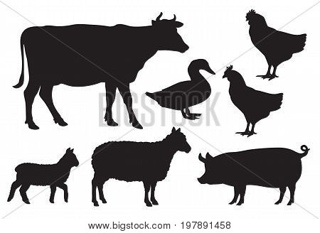 Vector farm animal silhouettes including cow sheep lamb pig duck and chickens.