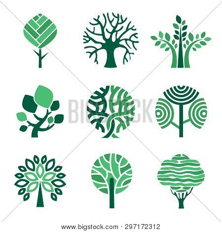 Tree Logo. Green Eco Symbols Nature Wood Tree Stylized Vector Pictures. Eco Wood Tree, Organic Natur