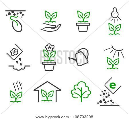 Line sprout and plant growing vector icons set