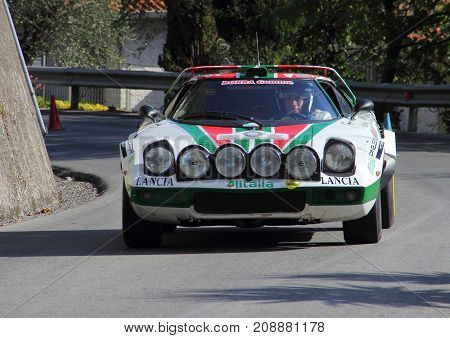 Chiavari Italy - October 10 2017: Chiavari-Leivi speed racing race. Lancia Stratos piloted by Mauro Borra of the sports car Sport Favale.